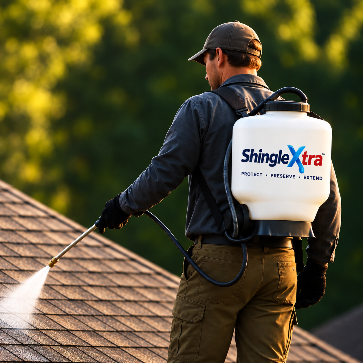 ShingleXtra dealer applying roof treatment with branded backpack sprayer
